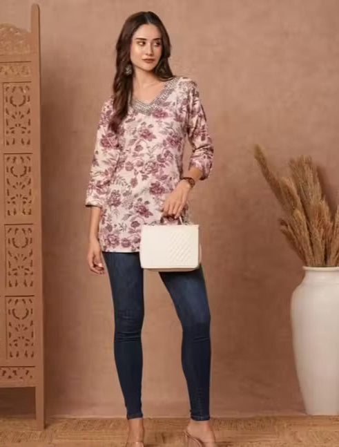 Summer Short Kurti With Embroidery For Women