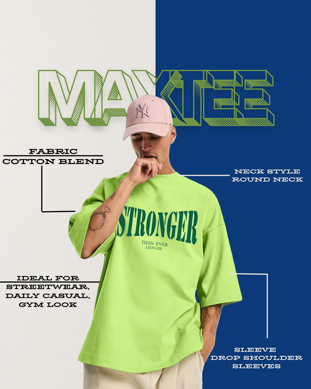 Neon Green Oversized Cotton T-Shirt – "Stronger" Streetwear Look