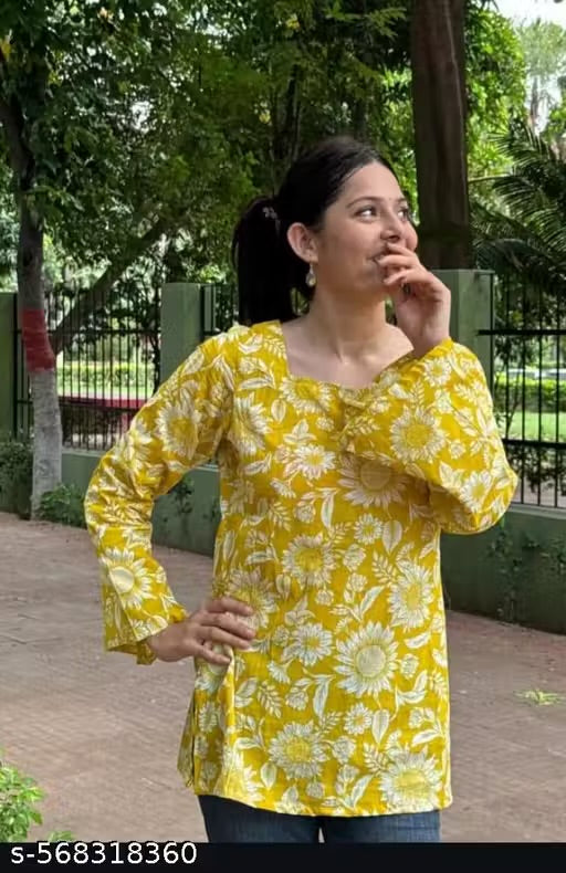 yellow Handblock Printed Pure cotton Square Neck Short Kurti