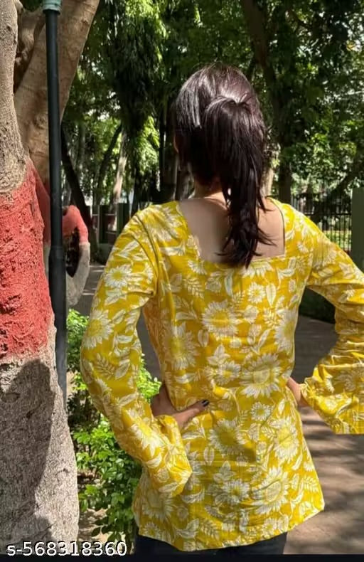 yellow Handblock Printed Pure cotton Square Neck Short Kurti