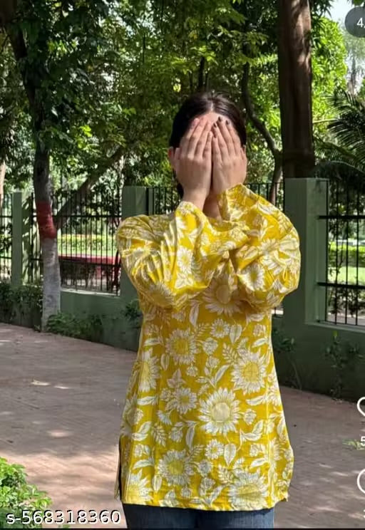 yellow Handblock Printed Pure cotton Square Neck Short Kurti